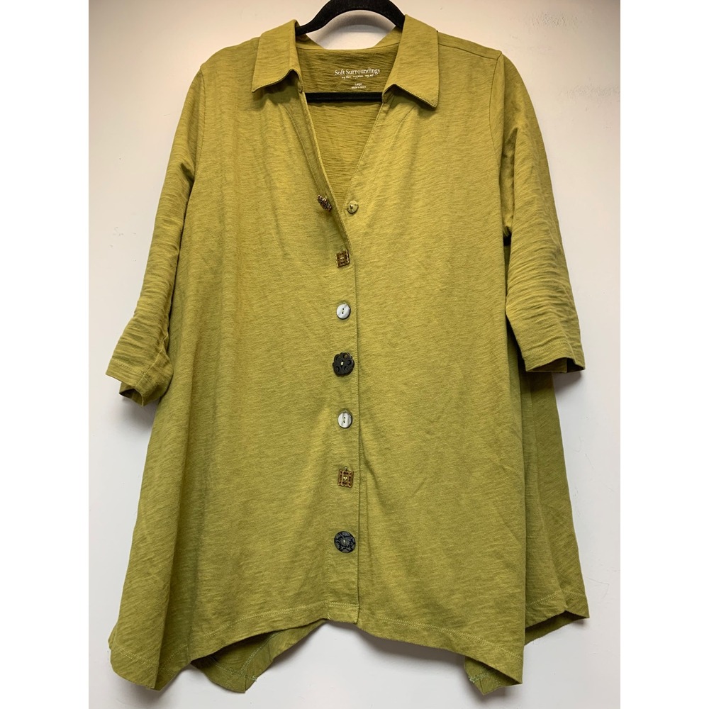 Soft Surroundings Tunic Top Womens Large Green Excellent Slub Cotton 28157